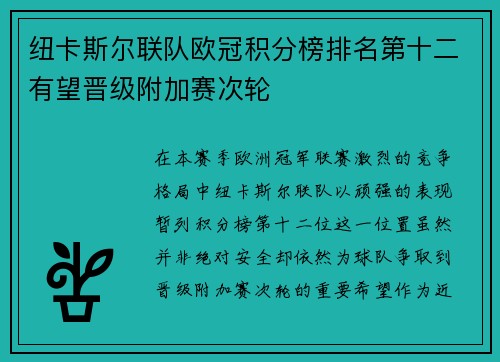 纽卡斯尔联队欧冠积分榜排名第十二有望晋级附加赛次轮